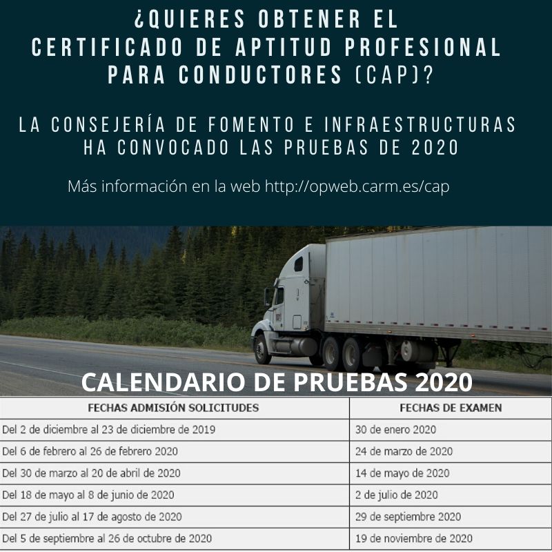 Calendario de pruebas para obtener el Certificado de Aptitud Profesional (CAP) para conductores de determinados vehículos destinados al transporte por carretera
