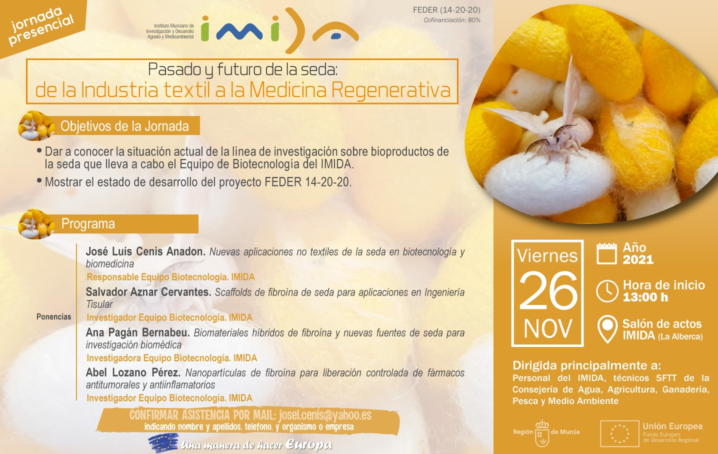 Programa de la jornada 'Pasado y futuro de la seda: de la industria textil a la medicina regenerativa', que se celebrará el próximo 26 de noviembre