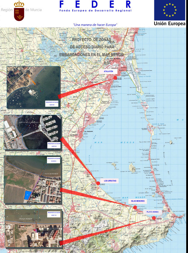 Plano de situación de los primeros cuatro punto de accesos para embarcaciones de recreo en el Mar Menor