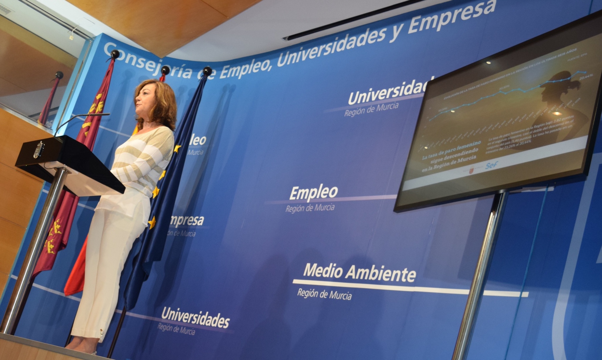 Imagen de la directora del Servicio Regional de Empleo y Formación, Severa González, informando sobre la evolución del empleo femenino