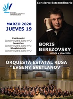 Cartel del concierto extraordinario del pianista Boris Berezovsky con la Orquesta Sinfónica Estatal de Rusia 'Evgeny Svetlanov' en el Auditorio regional Víctor Villegas