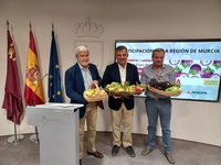 El consejero Juan María Vázquez, junto con los representantes de Fecoam y Apoexpa, en la presentación de la presencia regional en Asia Fruit Logistica