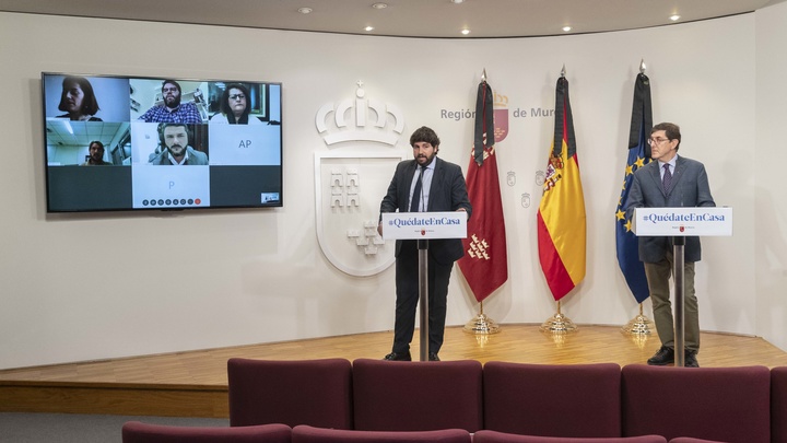 Rueda de prensa del presidente López Miras tras la reunión por vía telemática con el presidente del Gobierno de España