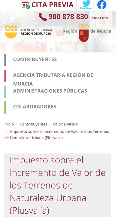 Imagen del apartado de la web de la Agencia Tributaria de la Región de Murcia dedicado a la plusvalía local