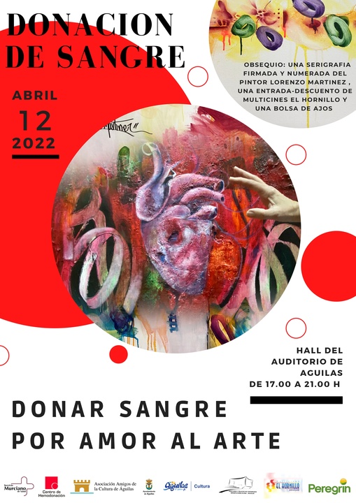 Cartel de la campaña 'Donar sangre por amor al arte' que tendrá lugar el martes 12 de abril en Águilas.