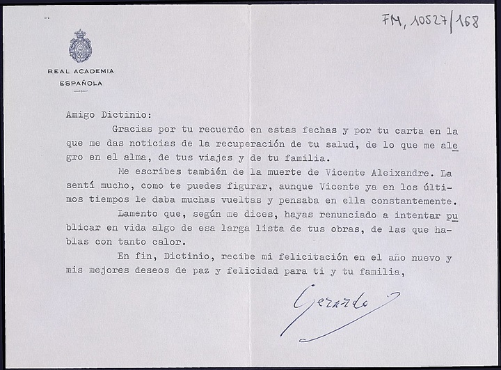 Carta de Gerardo Diego, uno de los documentos que forman parte de la exposición.