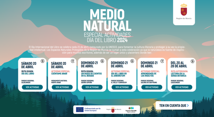Portada del dossier con las actividades que se pueden realizar este fin de semana en los Espacios Naturales de la Región de Murcia para conmemorar el Día del Libro.