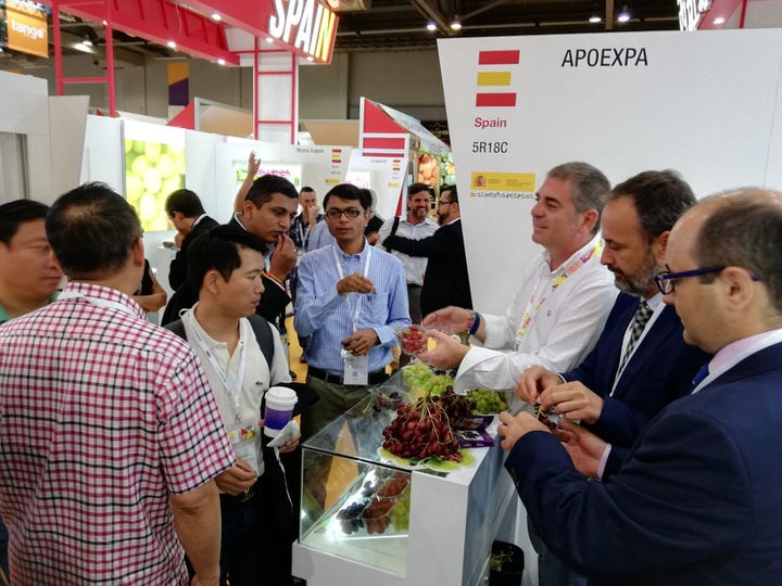 El consejero de Empleo, Universidades, Empresa y Medio Ambiente, Javier Celdrán, visita el espacio de Apoexpa en Asia Fruit Logistica