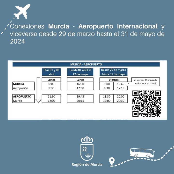 Horarios de los nuevos horarios impulsados por Fomento que conectan el Aeropuerto con Murcia
