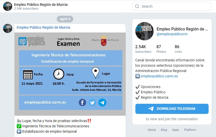 Ejemplo de una notificación que recibiría el usuario suscrito al servicio de Telegram de Función Pública