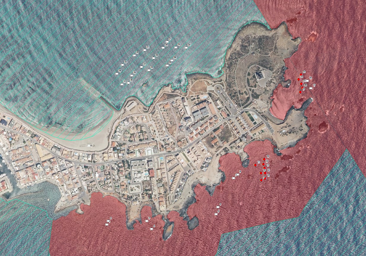 Mapa de la disposición de fondeaderos ecológicos situados en el entorno de Cabo de Palos