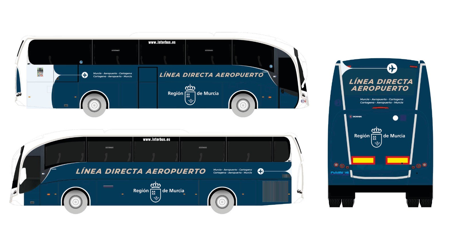 Imagen de los nuevos autobuses que prestarán el servicio gratuito de traslado de viajeros entre el aeropuerto y las ciudades de Murcia y Cartagena