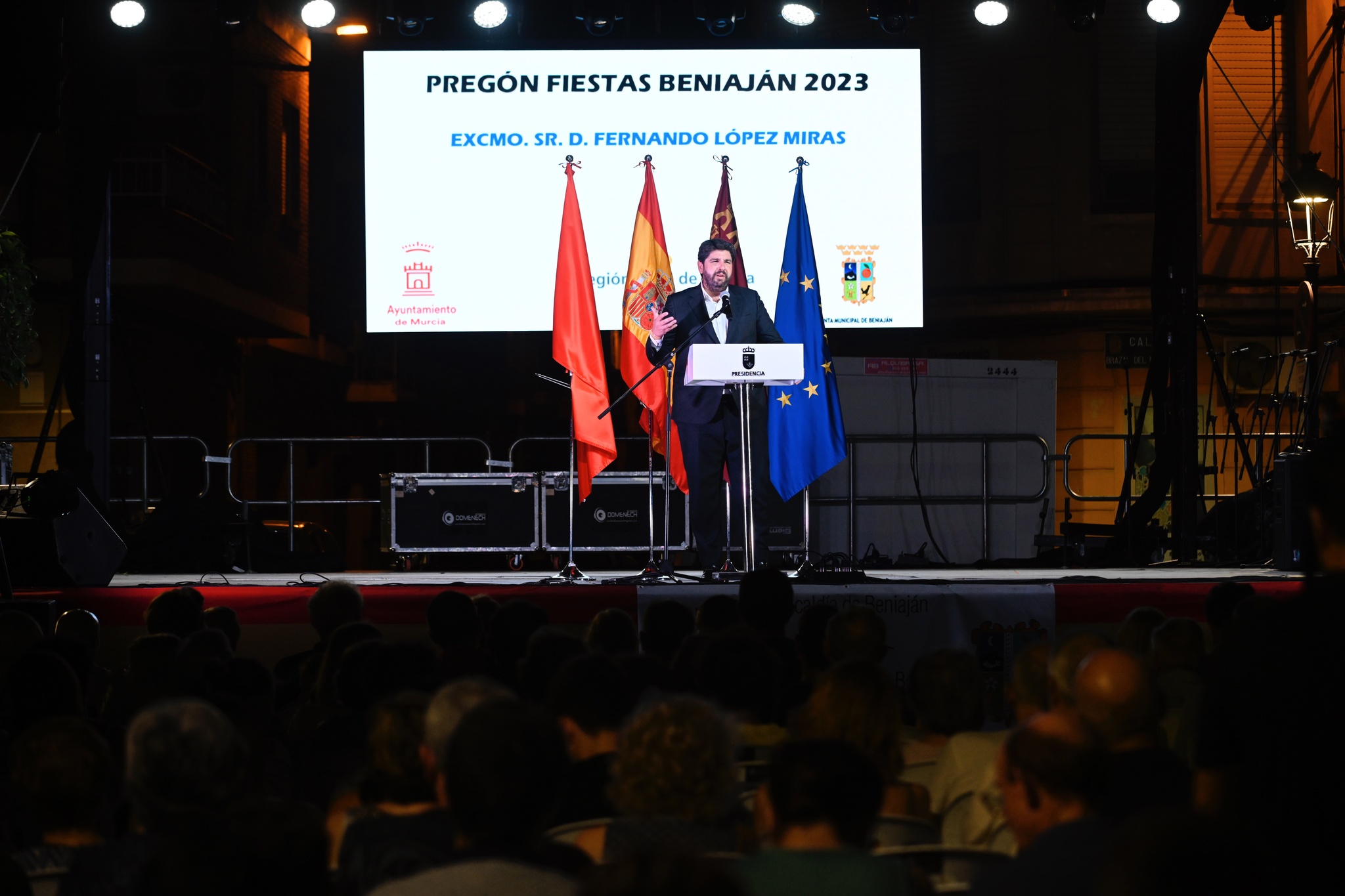 Fernando López Miras, durante el pregón de las fiestas del Carmen de Beniaján