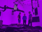 Imagen del artista Jorge Isla, el director general del ICA, Manuel Cebrián, y el comisario Rodrigo Carreño en la exposición 'Interiorismo'