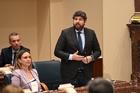 El presidente de la Comunidad, Fernando López Miras, en su comparecencia ante el pleno de la Asamblea Regional.