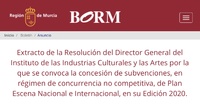 Imagen de la publicación en el Boletín Oficial de la Región de Murcia del anuncio con la convocatoria