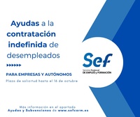 El plazo para solicitar ayudas del SEF a la contratación indefina de personas en desempleo finaliza el 16 de octubre.