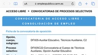 Imagen del apartado del portal del Empleado Público con la información de la oposición