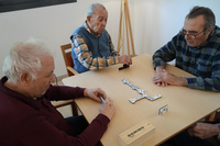 Mayores de un centro residencial durante una partida de juegos de mesa.