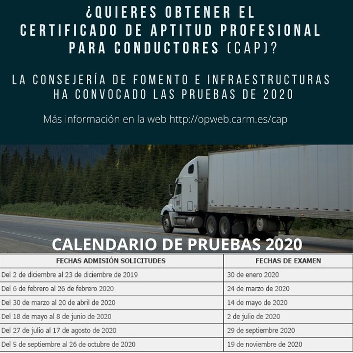 Calendario de pruebas para obtener el Certificado de Aptitud Profesional (CAP) para conductores de determinados vehículos destinados al transporte por carretera