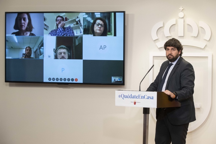 Rueda de prensa del presidente López Miras tras la reunión por vía telemática con Pedro Sánchez