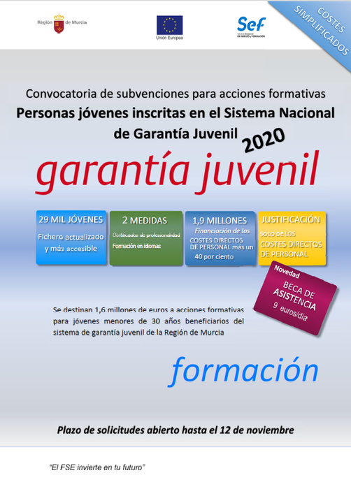 Cartel de la convocatoria para realizar iniciativas de formación de Garantía Juvenil