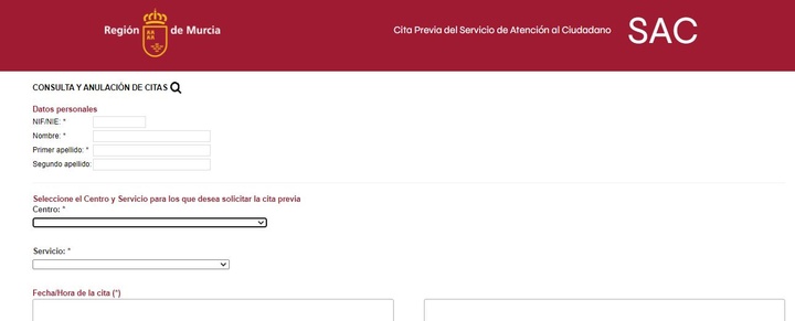 Portal de Cita Previa del Servicio de Atención al Ciudadano de la Comunidad Autónoma de la Región de Murcia