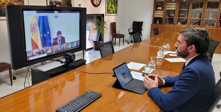 El consejero Antonio Luengo, durante la videoconferencia mantenida hoy con el ministro de Agricultura, Luis Planas