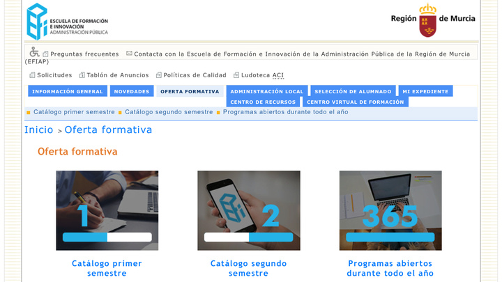 Imagen del apartado de la web de la Escuela de Formación e Innovación de la Administración Pública sobre su oferta de cursos