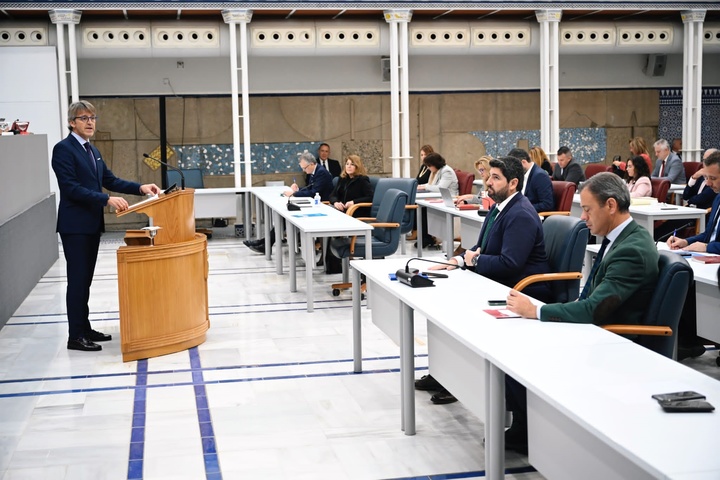 Imagen del consejero de Economía, Hacienda y Administración Digital, Luis Alberto Marín, interviniendo en el debate en la Asamblea regional.