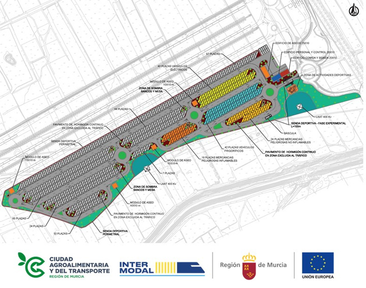 Planta del área de estacionamiento de la Ciudad Agroalimentaria y del Transporte de la Región de Murcia.