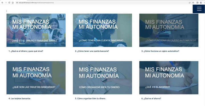 Imagen del apartado de la página web del Plan de Educación y Cultura Financiera de la Región de Murcia con los videos de la iniciativa 'Mis finanzas,...
