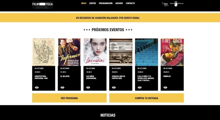 Imagen de la página web de la Filmoteca de la Región de Murcia con la programación de las películas del Día del Cine Español