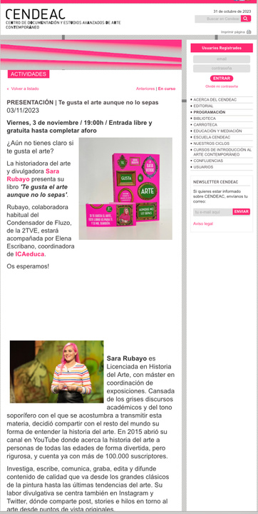 Imagen de la página web del Cendeac con la actividad protagonizada por Sara Rubayo.