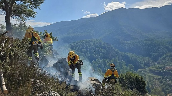 Las Brigadas Forestales de la Región de Murcia combaten el fuego esta mañana en Montitxelvo.