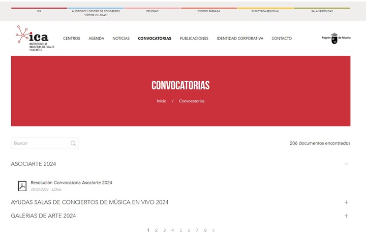 Imagen del apartado de 'Convocatorias' de la página web del Instituto de las Industrias Culturales y las Artes