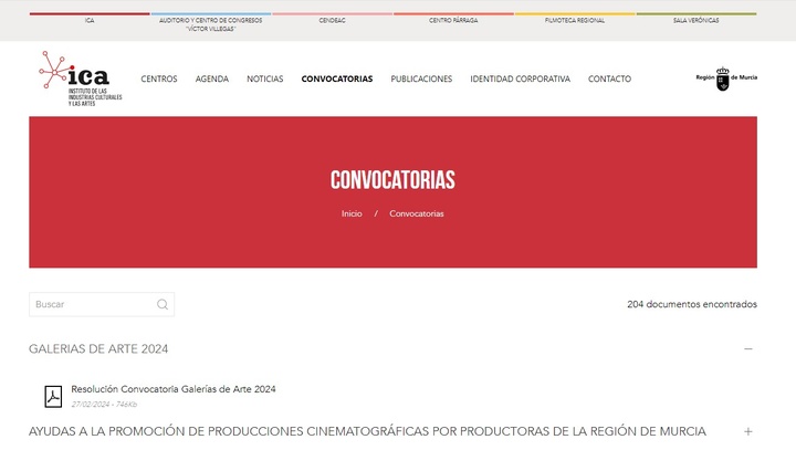 Imagen del aparatado de la web de ICA con la convocatoria de las ayudas a galerías de arte