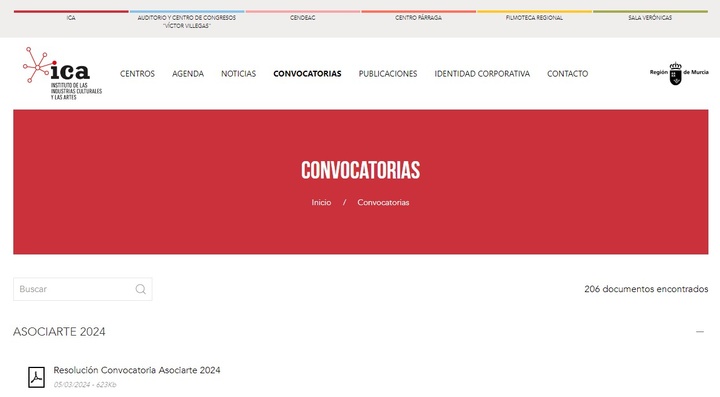 Imagen de la convocatoria del 'Plan Asociarte' en la página web del Instituto de las Industrias Culturales y las Artes