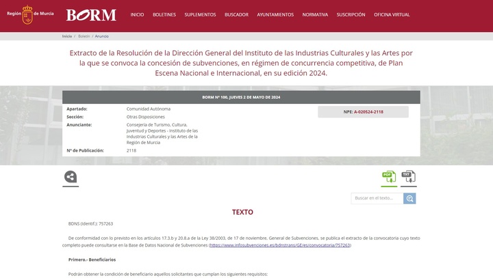 Imagen de la publicación de la convocatoria en el Boletín Oficial de la Región de Murcia