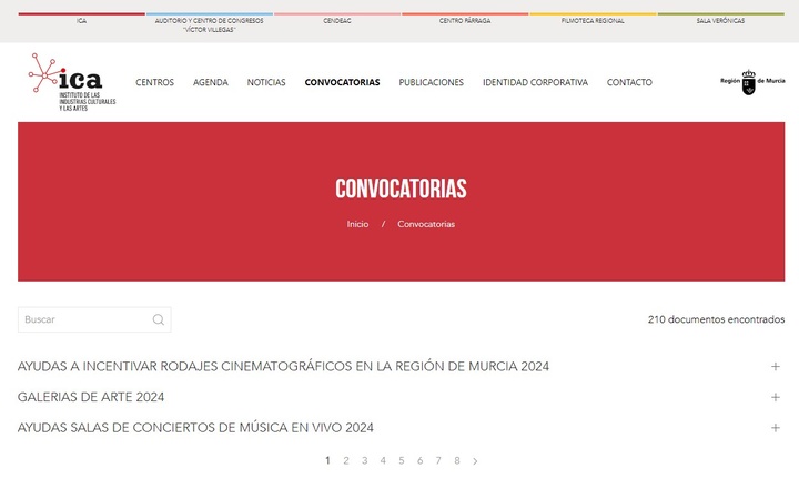 Imagen de la sección de 'Convocatorias' de la página web del Instituto de las Industrias Culturales y las Artes