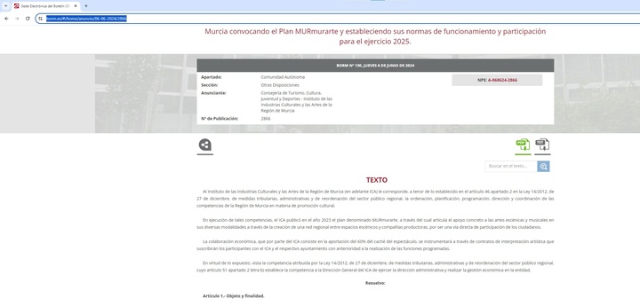 Publicación del plan 'MURmurarte' en el BORM