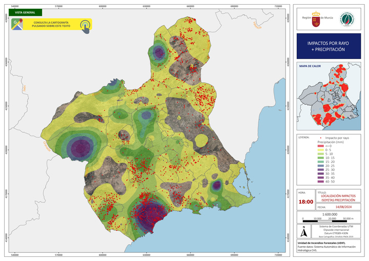 Mapa representativo de los rayos y precipitaciones caídas en la Región de Murcia durante el día 14 de agosto, proporcionado por la UDIF de la Comunidad.