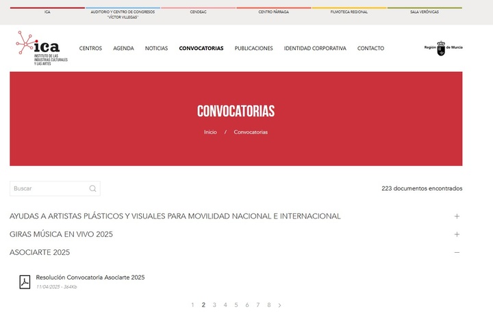 Imagen del apartador de 'Convocatorias' de la web de ICA en la que se encuentra la correspondiente al 'Plan Asociarte'