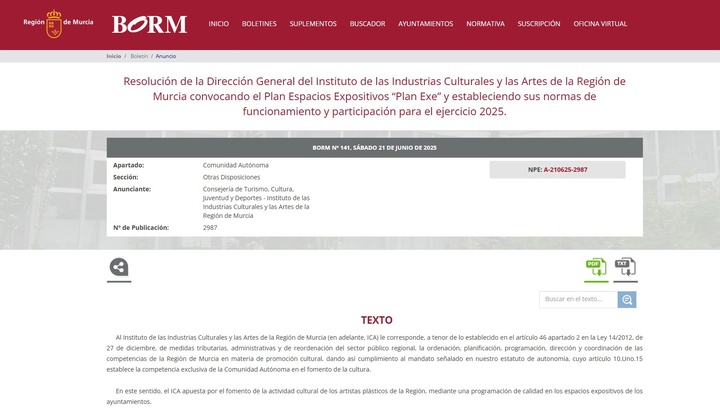 Imagen del anuncio en el BORM de la convocatoria del Plan de Espacios Expositivos