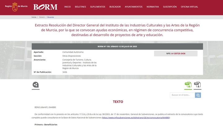 Publicación de las ayudas del Instituto de las Industrias Culturales y de las Artes de la Región de Murcia.