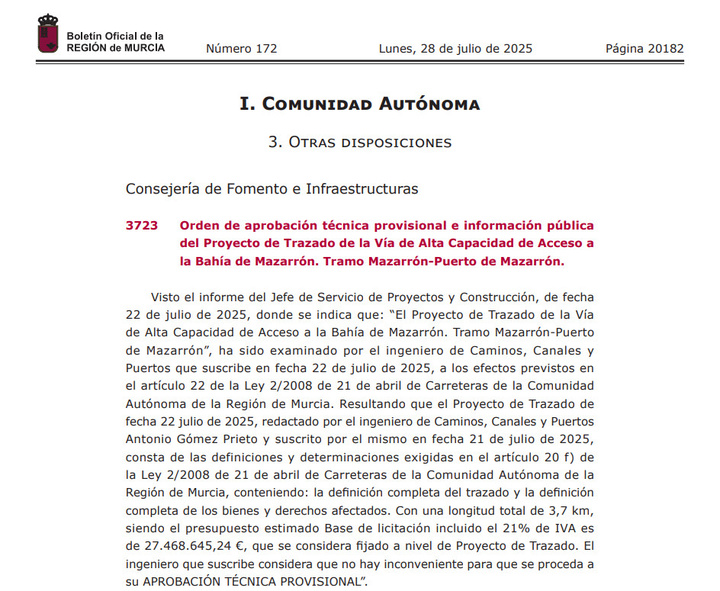 Imagen del artículo Fomento inicia hoy la exposición pública del trazado de la futura vía de alta capacidad de la bahía de Mazarrón