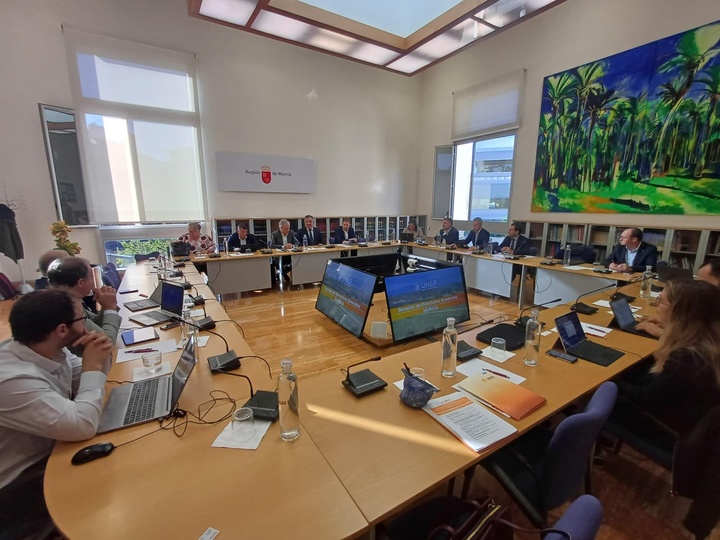 El consejero de Medio Ambiente, Universidades, Investigación y Mar Menor, Juan María Vázquez, en el IV Encuentro Unión Española Fotovoltaica (UNEF) junto a los directores generales de Energía de las comunidades autónomas que tomaron parte (2).