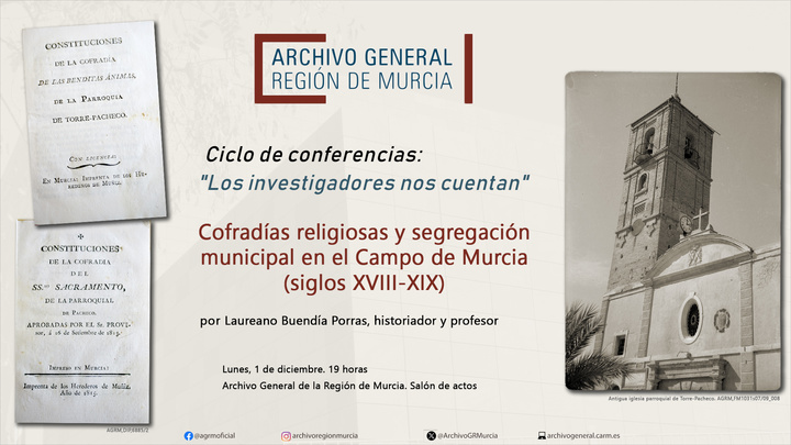 Cartel anunciador de la próxima conferencia del ciclo 'Los investigadores nos cuentan' en el Archivo General, a cargo del historiador y profesor ...