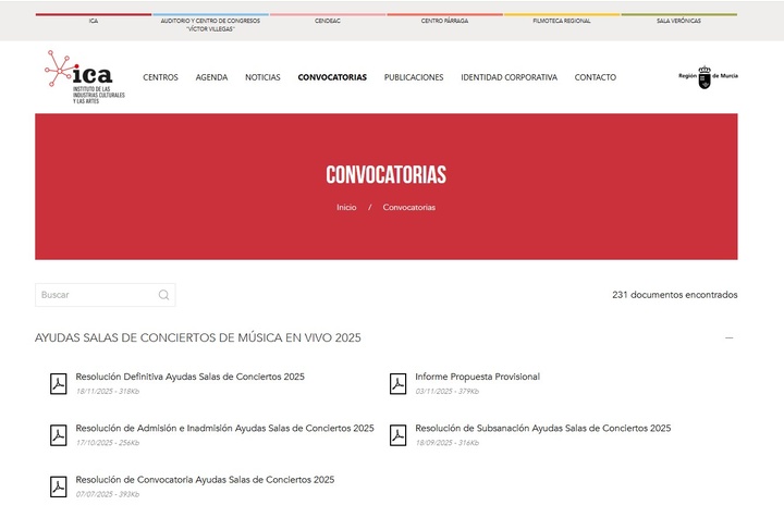 Imagen de la convocatoria en la página web del Instituto de las Industrias Culturales y las Artes