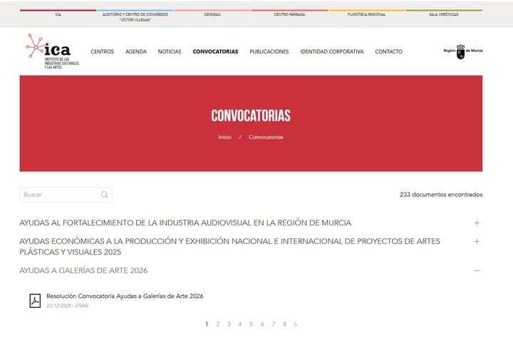 Imagen del apartado de convocatorias de la página web del Instituto de las Industrias Culturales y las Artes